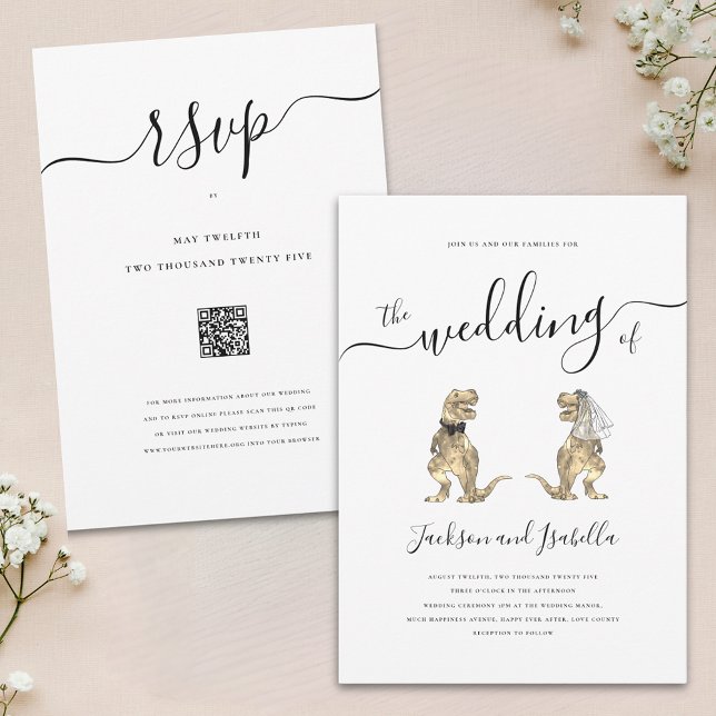 Convites Casamento de Dinossauros Noiva e Noivo T-Rex (Elegant script Dinosaur theme wedding invitation with wedding RSVP website qr code minimalist design)