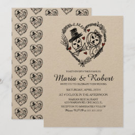 Convites Casamento de Doodle do Esqueleto Branco Negro Góti