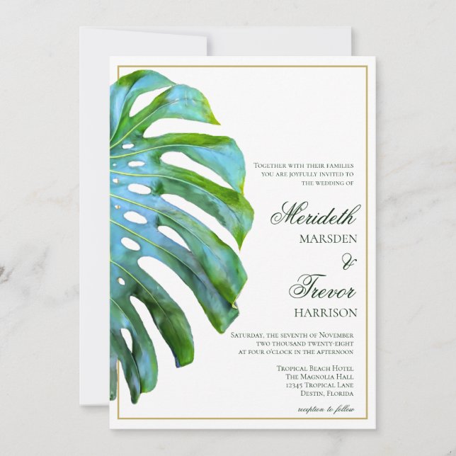 Convites Casamento de Dourada Praia Tropical Monstera Leaf  (Frente)