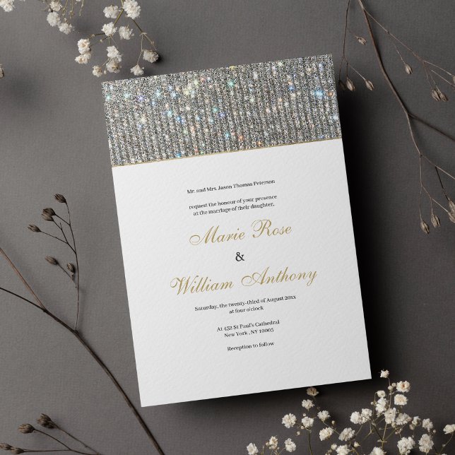 Convites Casamento de dourado branco elegante (Elegant white gold silver glitter glam Wedding Invitation )