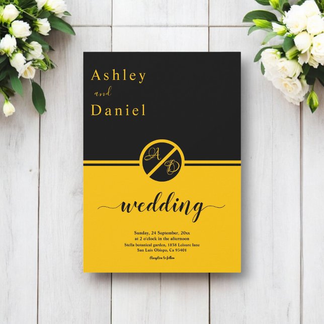 Convites Casamento De Dourado Monograma E Preto De Luxo Ele (Criador carregado)