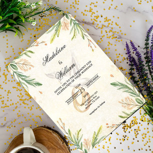 Convites Casamento de Dove e Anéis Botânicos Elegantes