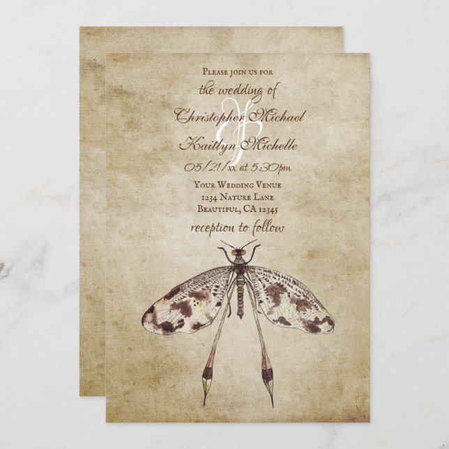 Convites Casamento de Dragonfly Vintage Simples (Frente/Verso)