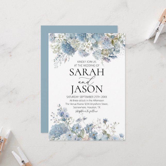 Convites Casamento de Dusty Blue Boho Floral Elegante (Frente/Verso In Situ)