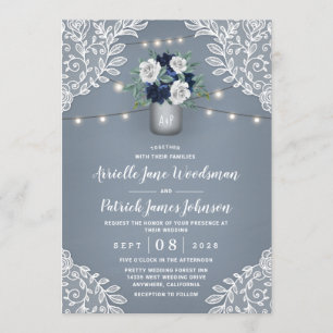 Convites Casamento de Dusty Blue Country Lace Mason Jar