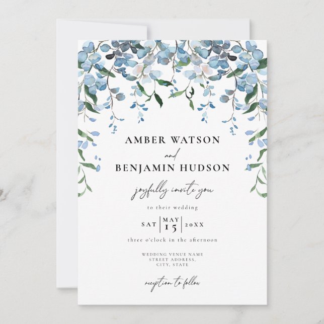 Convites Casamento de Dusty Blue Elegant Floral Watercolor (Frente)