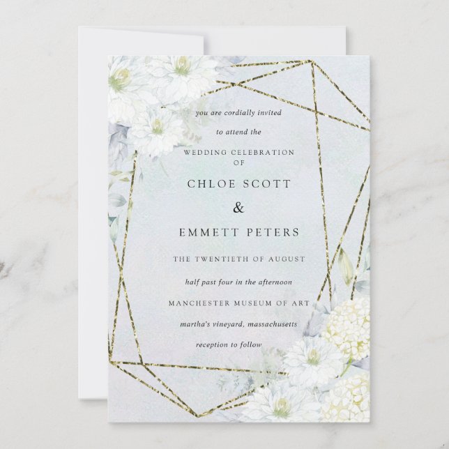 Convites Casamento de Dusty Blue Floral Watercolor Branco (Frente)