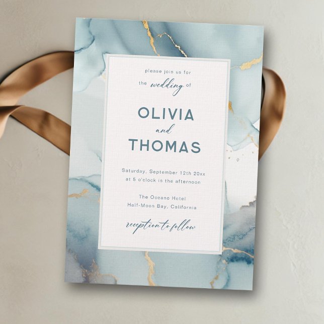 Convites Casamento de Dusty Blue Modern Frame Elegante Teal (dusty blue beach wedding invitation gold waves modern frame elegant bohemian romantic calligraphy )
