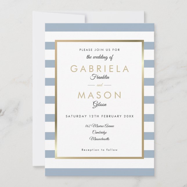 Convites Casamento de Dusty Blue Stripe| Faux Gold Foil (Frente)