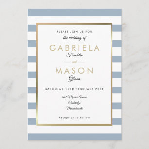 Convites Casamento de Dusty Blue Stripe Faux Gold Foil