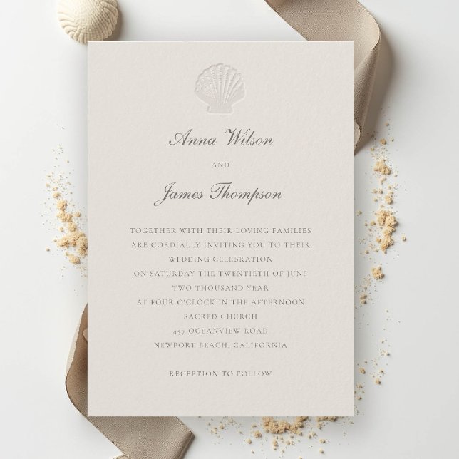 Convites Casamento de Ecru Clássico Formal de Shell Náutico (nautical coastal wedding invitation modern classic formal traditional elegant shell ecru)