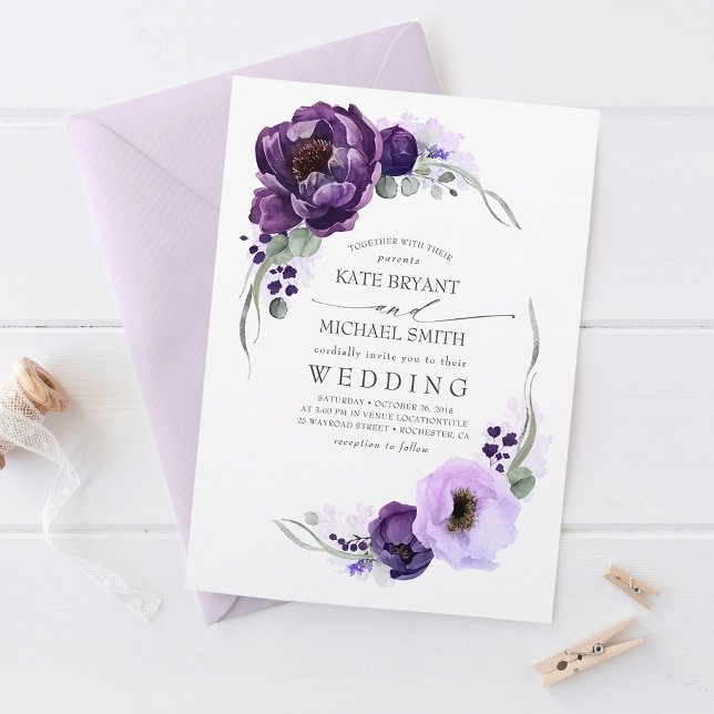 Convites Casamento de EggPlant Purple Peony e Greenery Silv (Plum Purple Floral Wedding Invitations)