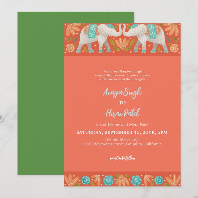 Convites Casamento de Elefantes Indianos Tradicionais Elega (Frente/Verso)