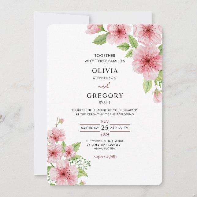 Convites Casamento de Elegance Primavera Watercolor Cherry  (Frente)