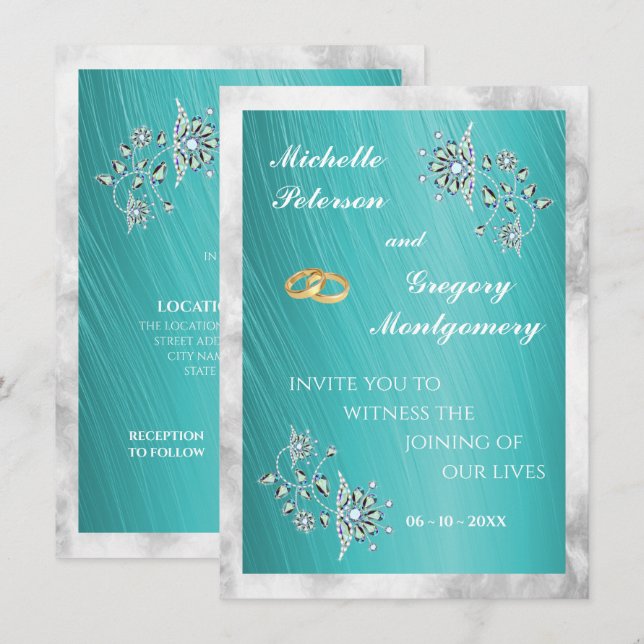 Convites Casamento de Elegância com Rhinestone e Mármore Az (Frente/Verso)
