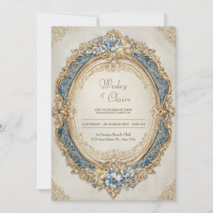 Convites Casamento de Elegância Floral Azul com Quadro Dour