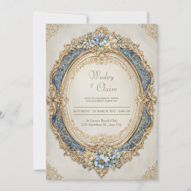 Convites Casamento de Elegância Floral Azul com Quadro Dour (Frente)