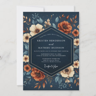 Convites Casamento de Elegância Floral Azul Naval de Outono