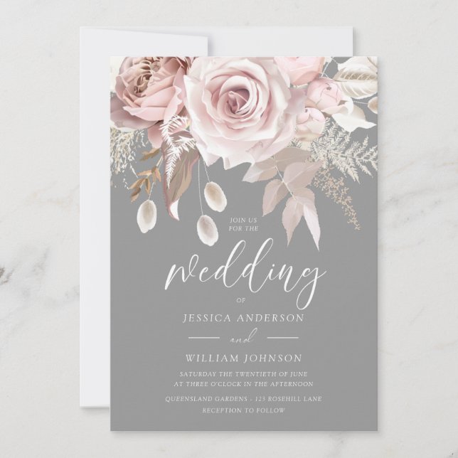 Convites Casamento de Elegância Floral de Blush e Cinzas (Frente)