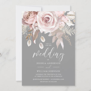 Convites Casamento de Elegância Floral de Blush e Cinzas