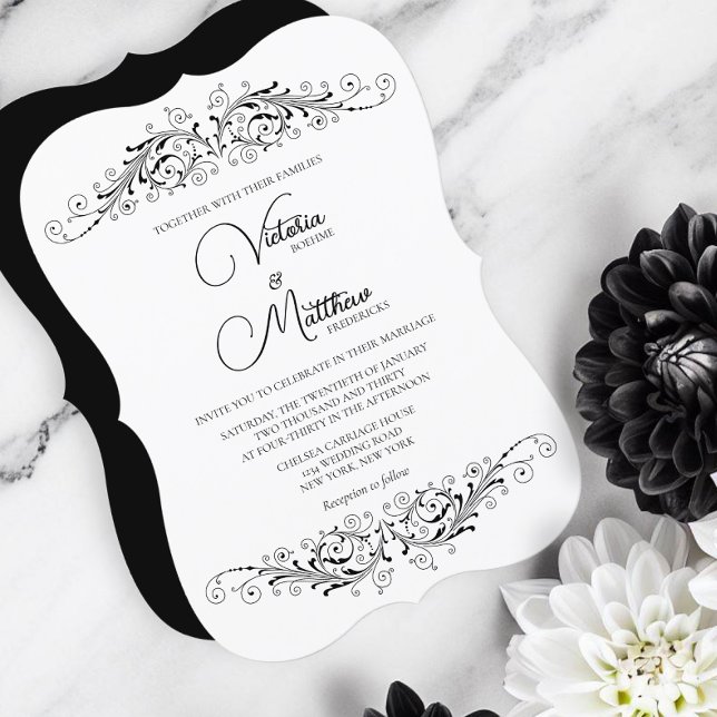 Convites Casamento de Elegância Floreada Negra e Branca (Black and white elegance for a beautiful wedding with a color scheme that can be done any season.)