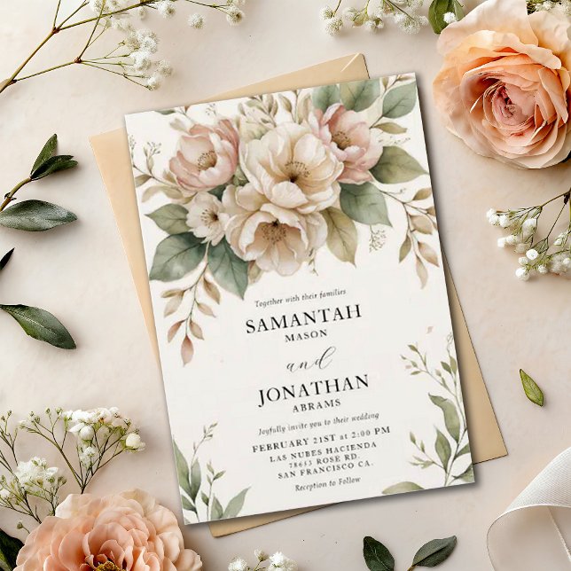 Convites Casamento de Elegância Primavera Floral Cor-de-Ros (Criador carregado)