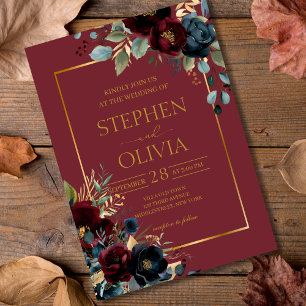 Convites Casamento de Elegante Burgundy Floral Blooms & Gre