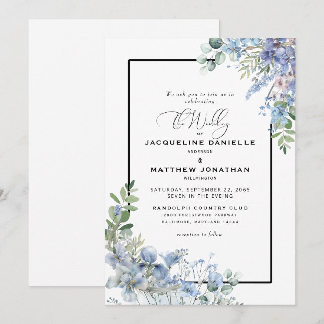 Convites Casamento de Elegante Dusty Blue Floral Greenery (Frente/Verso)
