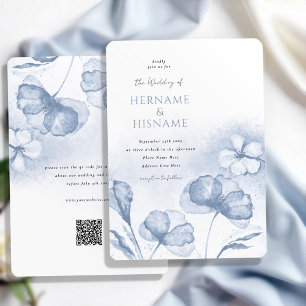 Convites Casamento de Elegante Dusty Blue Floral QR RSVP