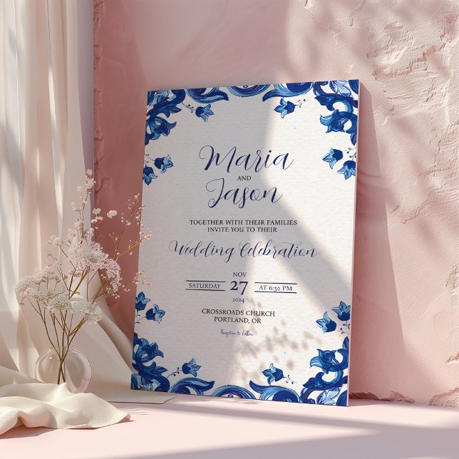 Convites Casamento de Elegante Fiesta Floral Azul Mexicano (Mexican Blue Floral Elegant Fiesta Wedding Invitation)