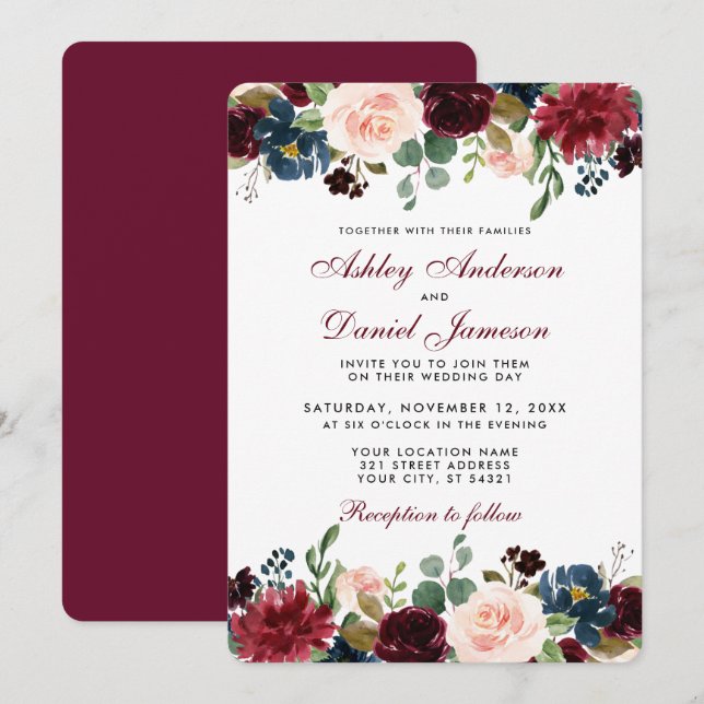 Convites Casamento de Elegante Floral Azul da Watercolor Bu (Frente/Verso)