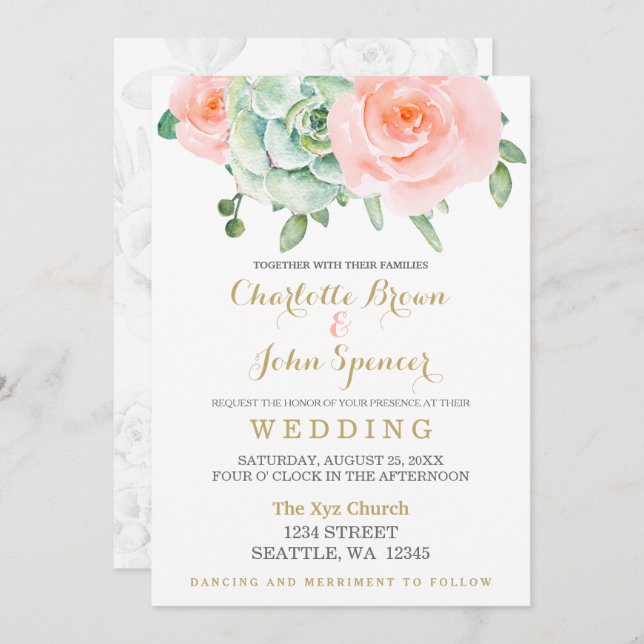 Convites Casamento De Elegante Floral De Blush De Aquarela  (Frente/Verso)