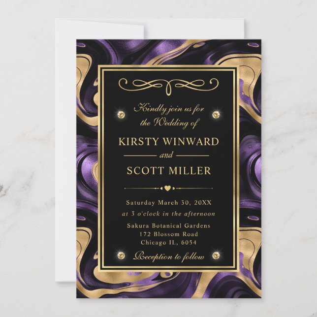 Convites Casamento de Elegante Molten Purple e Gold Foil (Frente)