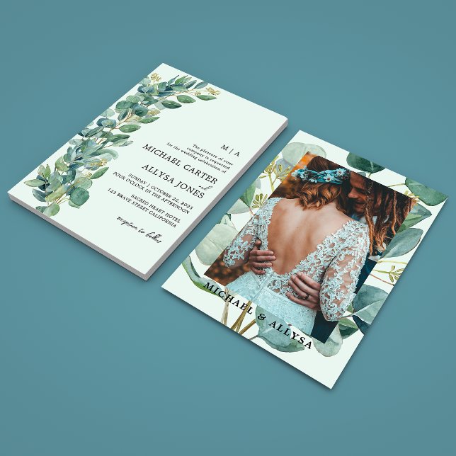 Convites Casamento de Elegante Sage Green Eucalyptus & Phot (Criador carregado)