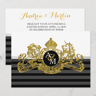 Convites Casamento de Emblem Regal de Leão Branco Dourado 