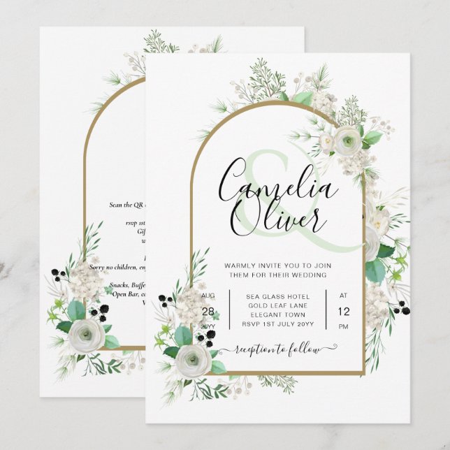 Convites Casamento de Emerald Greenery, Roses Brancas de Ve (Frente/Verso)