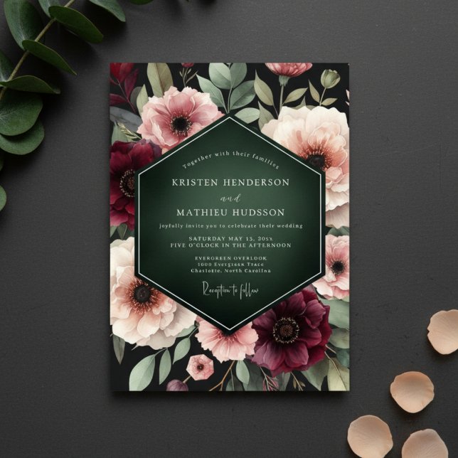 Convites Casamento de Encantamento Floral Burgundy Profundo (Criador carregado)