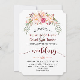 Convites Casamento de Escrita Manual Floral com Blush Burgu