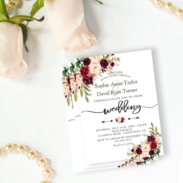 Convites Casamento de Escrita Manual Floral de Marsala, Mod (watercolour burgundy flowers wedding, trendy floral calligraphy wedding, chic pink burgundy wedding)