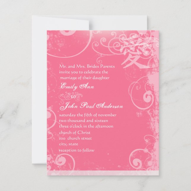Convites Casamento de espiral de amor de Kanji, cor-de-rosa (Frente)