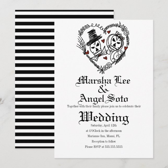 Convites Casamento de Esqueleto do Doodle de Halloween (Frente/Verso)
