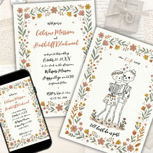 Convites Casamento de Esqueleto no Estilo de Arte Naïf Boho