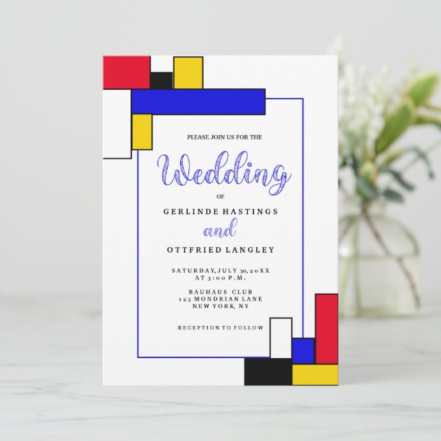 Convites Casamento de Estilo Bauhouse Mondrian (Em pé/Frente)