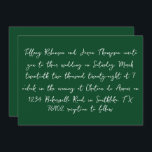 Convites \Casamento de Estilo de Manuscrito Branco e Flores<br><div class="desc">Os detalhes do casamento estão listados em estilo manuscrito,  texto branco. O verso do convite é um verde florestal sólido com texto branco para a data.</div>