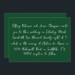 Convites \Casamento de Estilo de Manuscrito Branco e Flores<br><div class="desc">Os detalhes do casamento estão listados em estilo manuscrito,  texto branco. O verso do convite é um verde florestal sólido com texto branco para a data.</div>