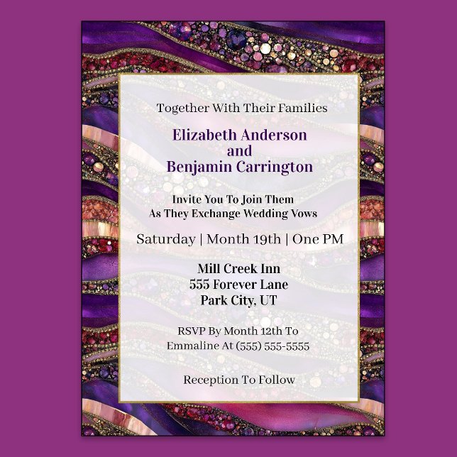 Convites Casamento de Estratos com Joias Roxas e Douradas (Purple and Gold Jeweled Strata  Wedding Invitation)