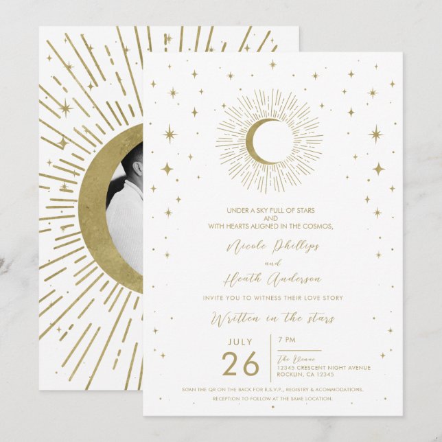Convites Casamento de Estrelas Brancas e Douradas Rajada Ce (Frente/Verso)