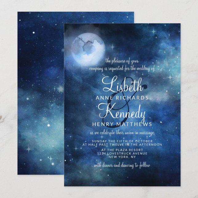 Convites Casamento de Estrelas da Galáxia Celestial Lua Che (Frente/Verso)