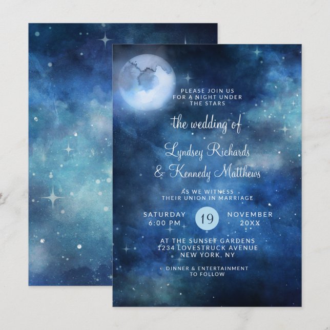 Convites Casamento de Estrelas da Galáxia Celestial Lua Che (Frente/Verso)