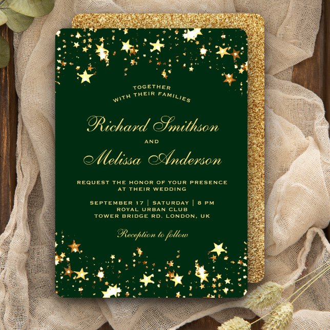 Convites Casamento de Estrelas de Brilho Falso Verde Glamou (Criador carregado)